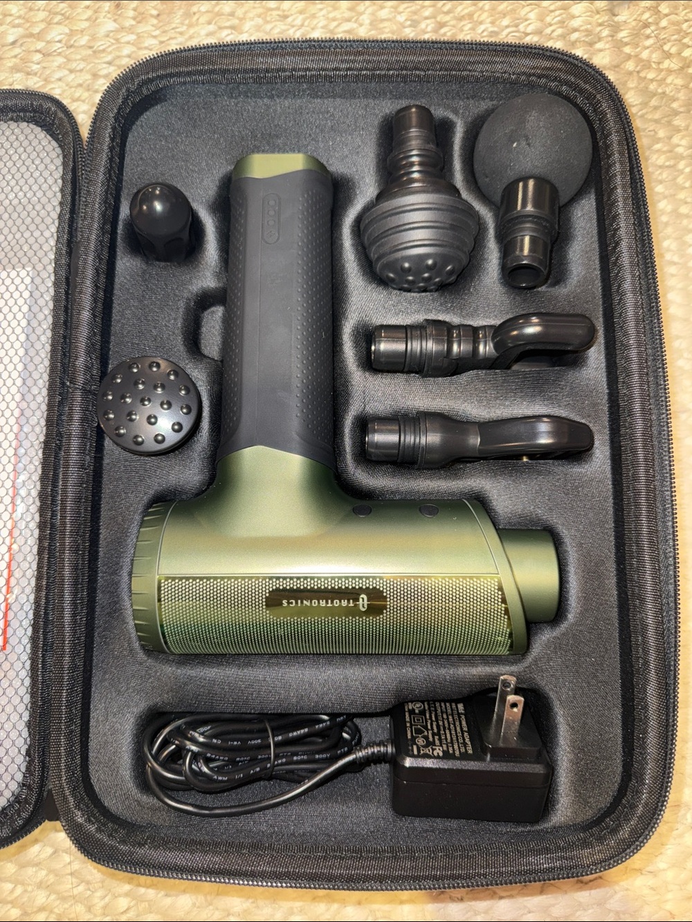 Taotronics Cordless Percussion Massage Gun in Olive Green with Attachments